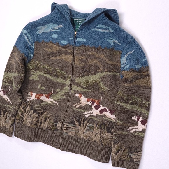Lauren Ralph Lauren Womens P/M Wool Knit Full Zip Hoodie The Dog Hunt Blue Green - Picture 14 of 14